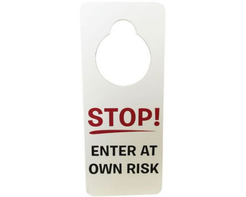 Brightly colored door sign measuring 24x10 cm, designed to communicate safety alerts in homes and workplaces.