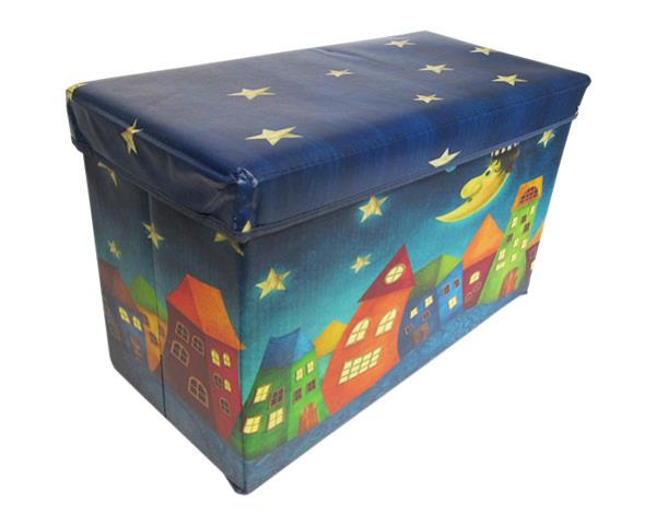 Starry night-themed toy box with cushioned top, ideal for toy storage and extra seating, measuring 60x29x35 cm.