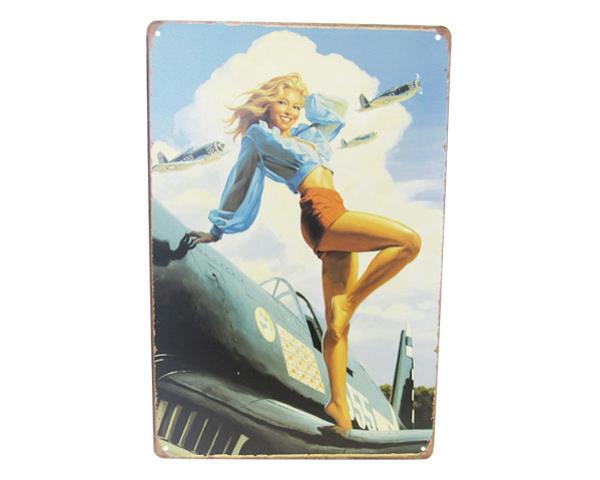 Vintage Aviation Girl tin sign, 30cm x 20cm, blends retro charm and modern aesthetics, perfect for aviation enthusiasts.