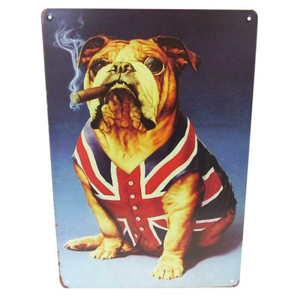 Retro tin sign featuring a British Bulldog, measuring 30cm x 20cm, perfect for dog lovers and quirky decor.