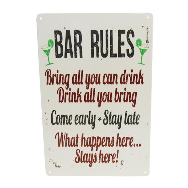 Retro tin sign featuring quirky bar laws, 30cm x 20cm, perfect for man caves or home decor.