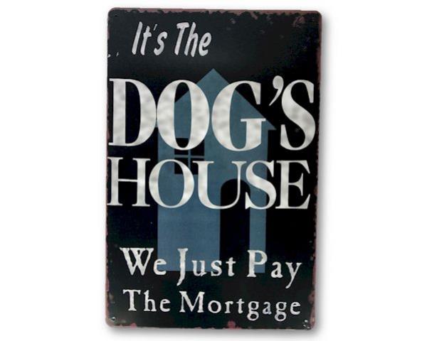 Colorful retro tin sign reading "Dog's House," perfect for pet lovers' decor, measuring 30cm x 20cm, durable and weather-resistant.