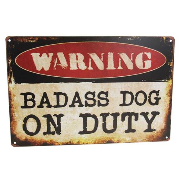 Vintage-style tin sign featuring a playful dog, measuring 30cm x 20cm, perfect for home decor and dog lovers.