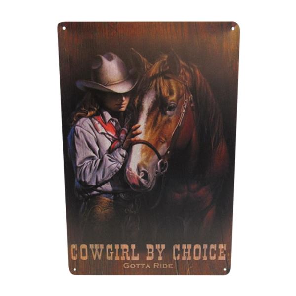 Retro tin sign featuring a whimsical cowgirl, perfect for rustic decor and country-themed interiors.