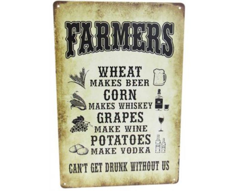 Vintage tin sign featuring a whimsical farmer design, perfect for quirky home decor in kitchens or bars.