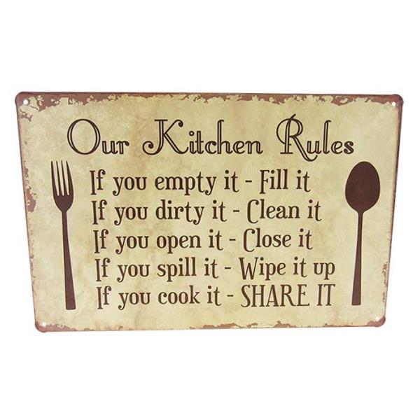 Vintage-inspired tin sign featuring kitchen rules, retro design, 30cm x 20cm, perfect for decor and family gatherings.