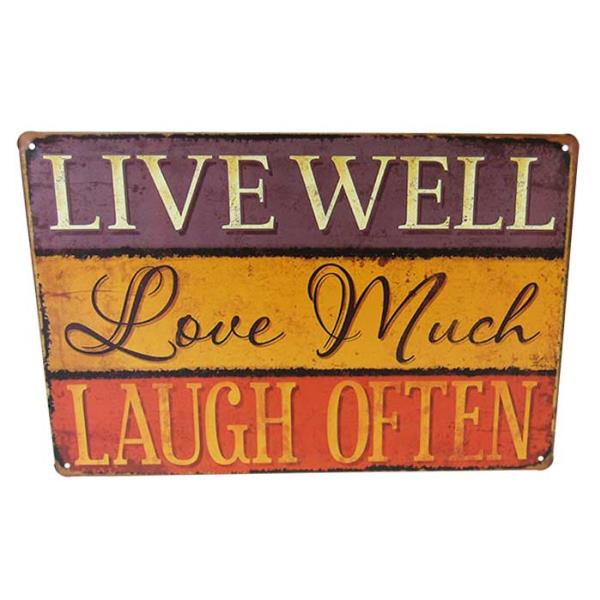 Retro tin wall art sign featuring the phrase 'Live Love Laugh,' perfect for uplifting home decor.