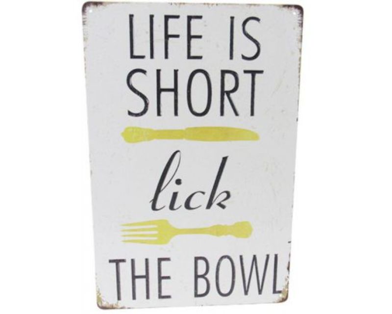 Retro-style 'Lick the Bowl' tin sign, 30cm x 20cm, featuring whimsical designs for home and kitchen decor.