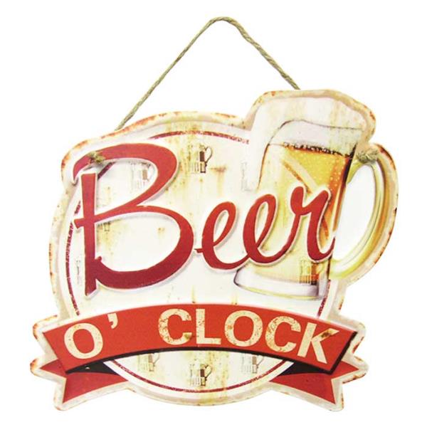 Rustic Beer O'Clock tin sign with rope hanger, 28 x 26 cm, perfect for home bars or man caves.