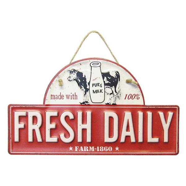 Vintage Fresh Milk Tin Sign Hanger with rustic design, rope for easy hanging, perfect for farmhouse or kitchen decor.