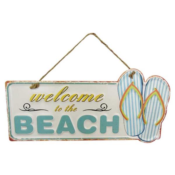 Beach Welcome Tin Sign featuring vibrant colors and fun typography, perfect decor for coastal-themed spaces.