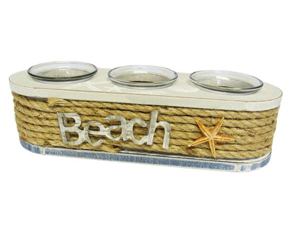 Coastal tea-light holder with twine accent, holds three candles, bleached finish, measures 25x9x7 cm, perfect for beach decor.