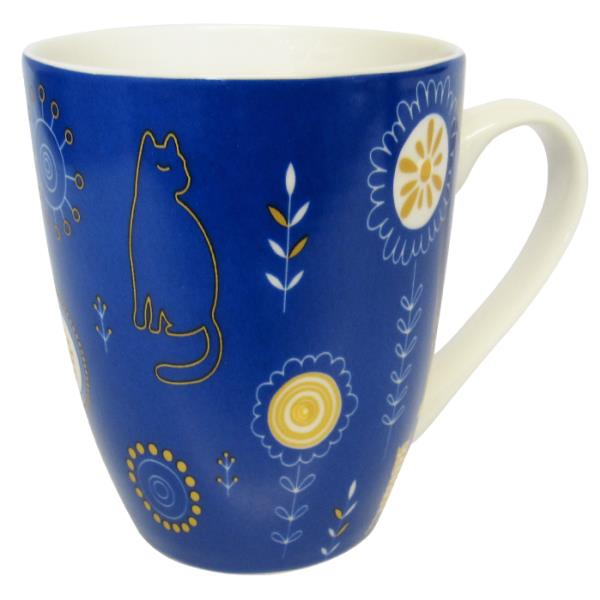 Whimsical cat-themed mug featuring a night garden scene, perfect for tea and coffee lovers.
