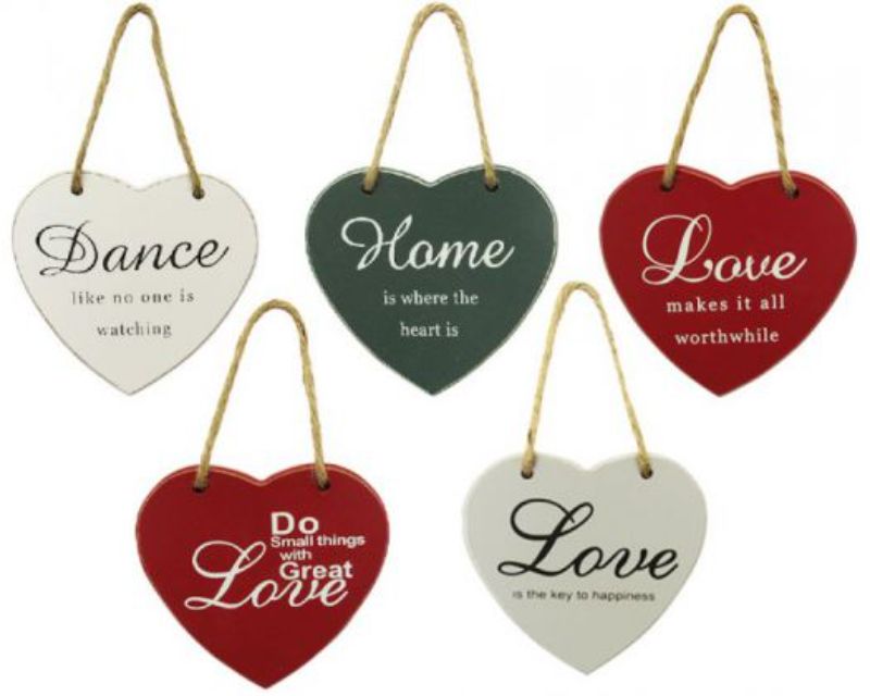Set of 5 heart-shaped hangers with inspirational words, perfect for adding love to any decor.