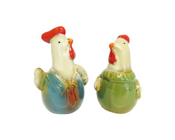 Ceramic chicken couple set, measuring 8.5x6 cm, perfect for adding charm to kitchen or garden decor.