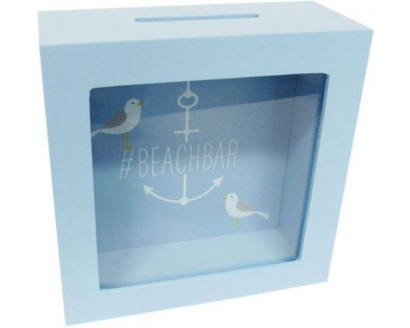 Charming beach-themed money box for saving towards vacations, measures 15x15x6 cm, perfect gift for beach lovers.