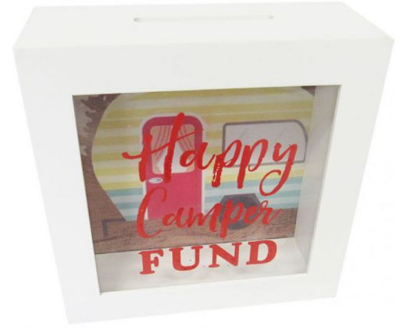 Colorful Money Box Happy Campers designed for saving towards outdoor adventures, ideal for kids and adults alike.