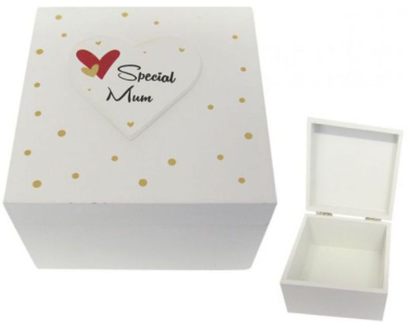 Large wooden gift box with heart motif lid, perfect for storing jewellery and treasures, measuring 10 x 10 x 7 cm.