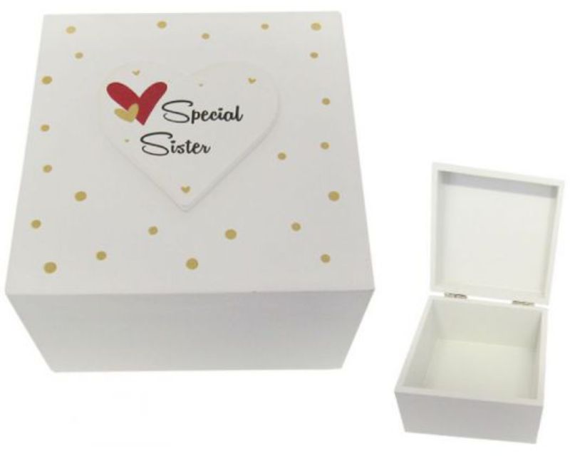Large wooden gift box for sister with heart motif lid, perfect for storing cherished jewelry and keepsakes.