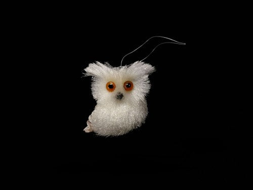 Sparkling white sisal owl ornament hanging, perfect for festive decor and year-round charm in any living space.