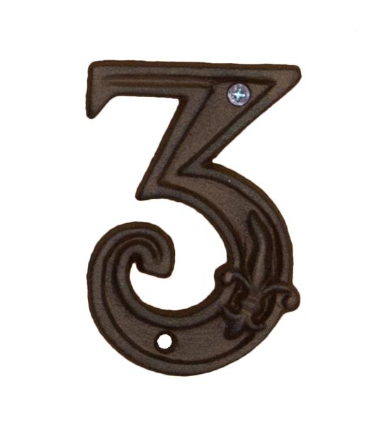 Elegant cast iron house number '3' with fleur-de-lis motif, ideal for enhancing curb appeal in any home entrance.