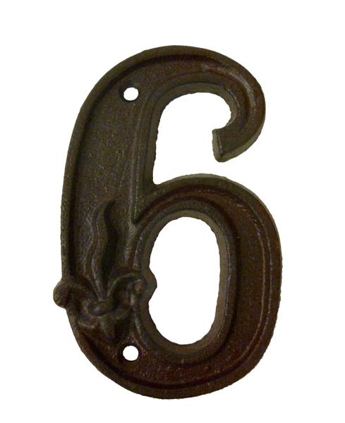 Cast iron house number '6', size 12x7 cm, perfect for letter boxes.