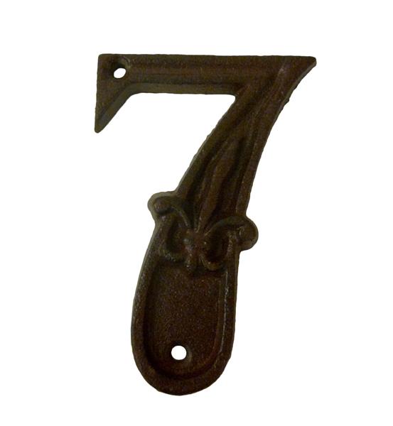 Cast iron house number "7", measuring 11x7 cm, ideal for letter boxes.
