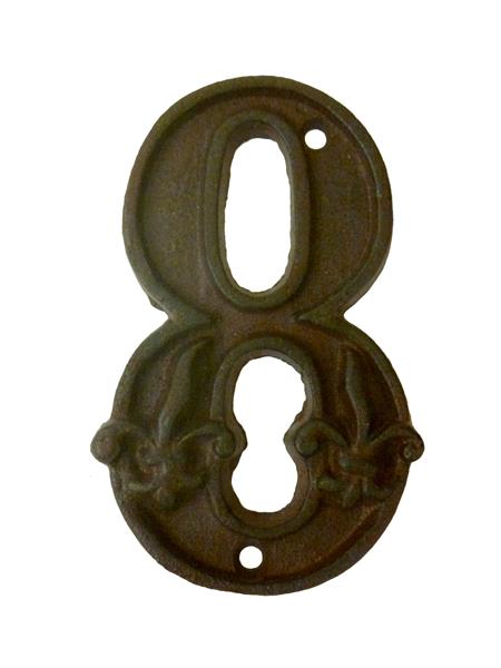 Cast iron house number '8', measuring 12x7cm, perfect for letter boxes and home address display.