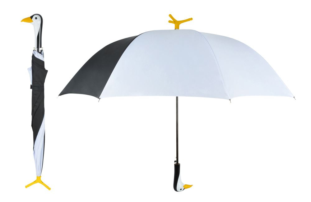 Adorable penguin-themed umbrella with a 58cm canopy, sturdy design, and convenient stand for rainy day style.