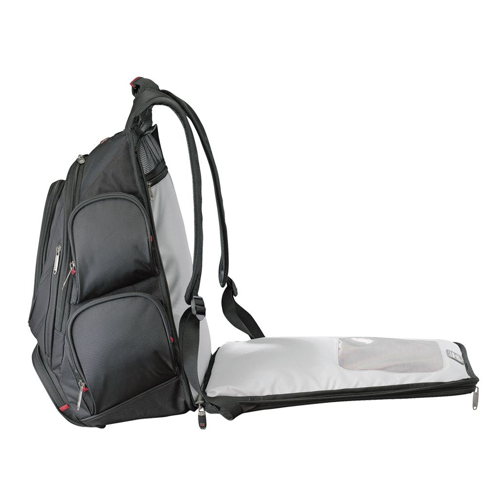 Checkpoint-friendly backpack with large laptop compartment, multiple pockets, and padded straps for easy travel.