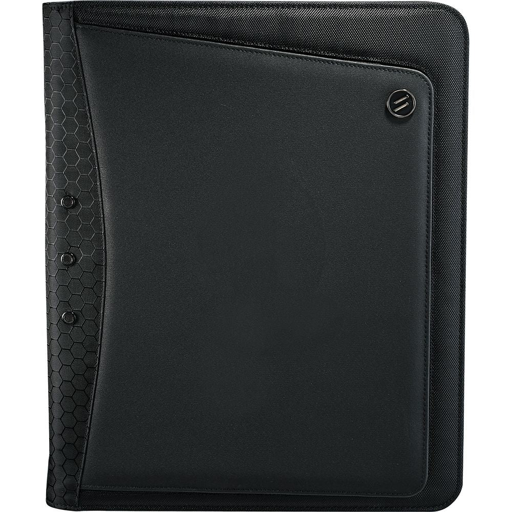 Sleek iPad zippered padfolio with removable Tech Trap, easel stand, card pockets, and writing pad for professionals.