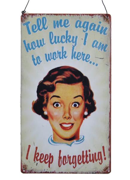 Metal wall art plaque displaying "Tell Me Again How Lucky I Am," adding charm and positivity to any living space.