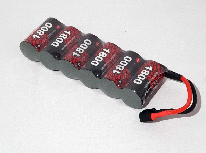 Rechargeable 7.2V 1800mAh NiMH battery with DEA connection, ideal for RC cars, drones, and model airplanes.