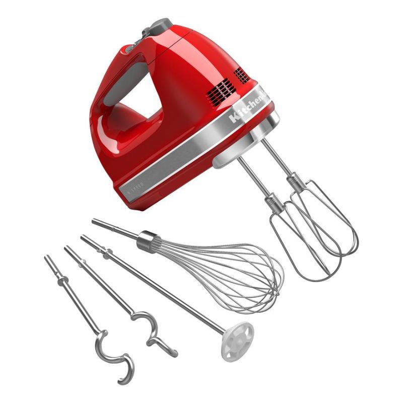 KitchenAid Artisan 9 Speed Hand Mixer in Empire Red, featuring 85-watt motor, 9 speeds, and stainless steel accessories for versatile mixing.
