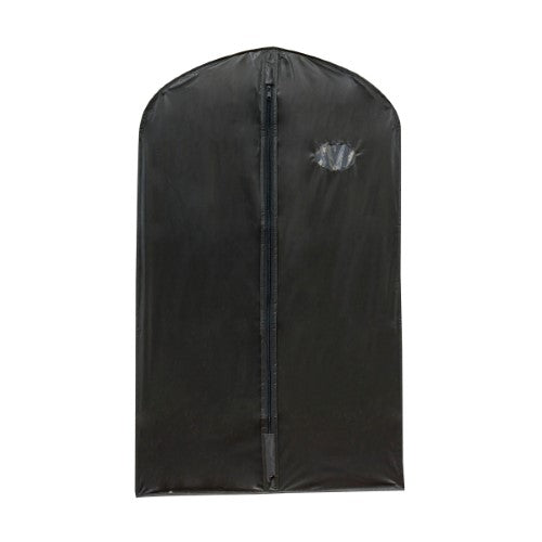 Black PEVA suit covers with hanging loop and PVC window, packed 100 per carton for garment protection and presentation.