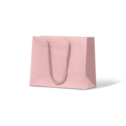 Laminated matte emerald pastel pink paper bags, 200mm high, 250mm wide, with rope handles, eco-friendly and stylish for gifts.