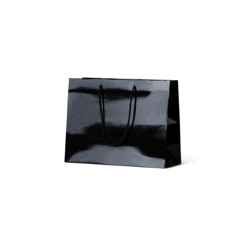 Laminated Gloss Ruby Black Paper Bag with rope handles, 250mm x 330mm x 125mm, ideal for retail and elegant gift packaging.