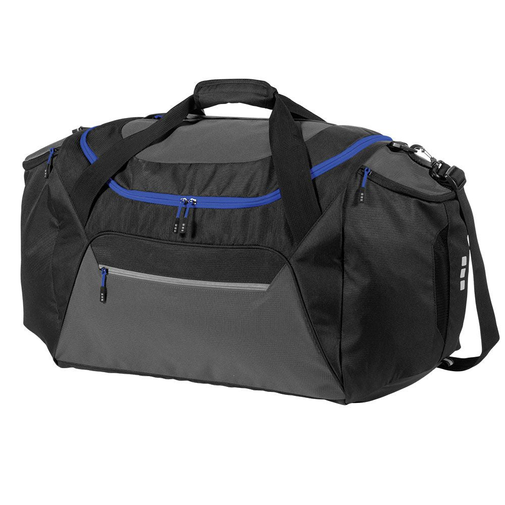 Elevate Milton Travel Bag in Black and Blue, featuring adjustable strap, spacious compartments, and durable 600D polyester.