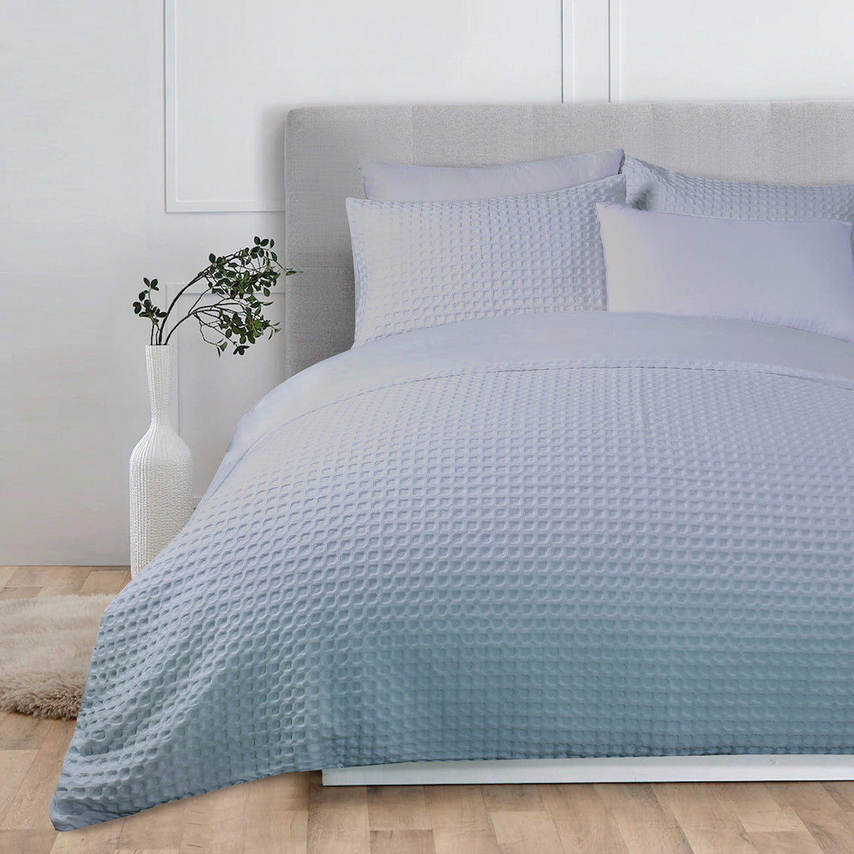 Eden Waffle Queen Duvet Cover Set in Mist, featuring premium cotton weave and stylish design for a cozy, elegant bedroom.