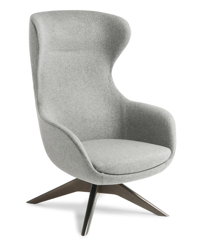 Elegant Elizabeth Serendipity armchair with dark walnut swivel base, full-height backrest, and luxurious upholstery for modern decor.