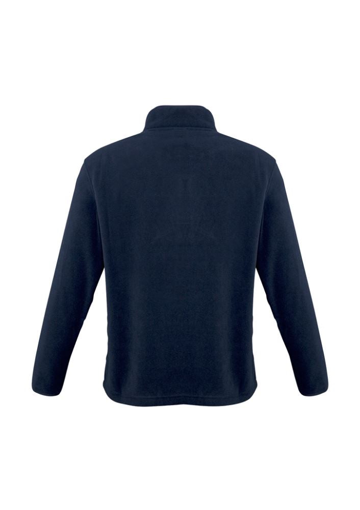 Men's navy 1/2 zip pullover in size M, made of lightweight fleece with concealed pockets and stylish trim.