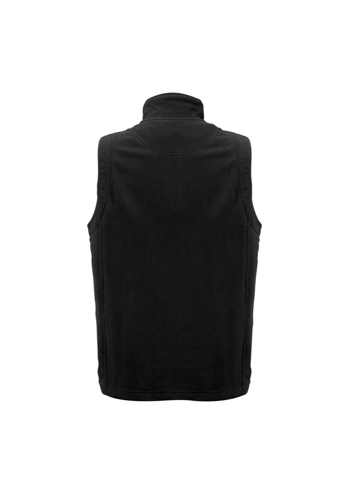 Men's black micro fleece vest by Biz Collection, featuring a front zipper and two zippered pockets, ideal for layering.