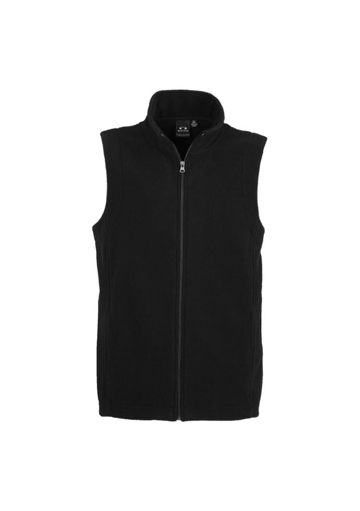 Men's black micro fleece vest from Biz Collection, featuring full zipper, two zippered pockets, and tailored fit, ideal for layering.