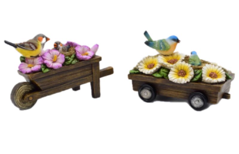 Set of 2 polyresin ornaments featuring detailed birds and flowers on a cart, enhancing home decor with vibrant charm.