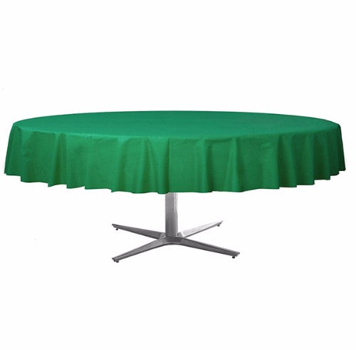 Round festive green plastic tablecover, 213cm, ideal for parties, durable, easy to clean, and enhances event decor.