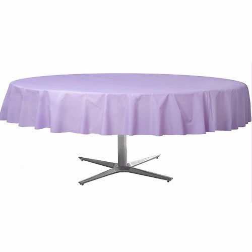 Round lavender lilac plastic tablecover, 213cm, elegant and spill-resistant, perfect for any gathering and easy to clean.