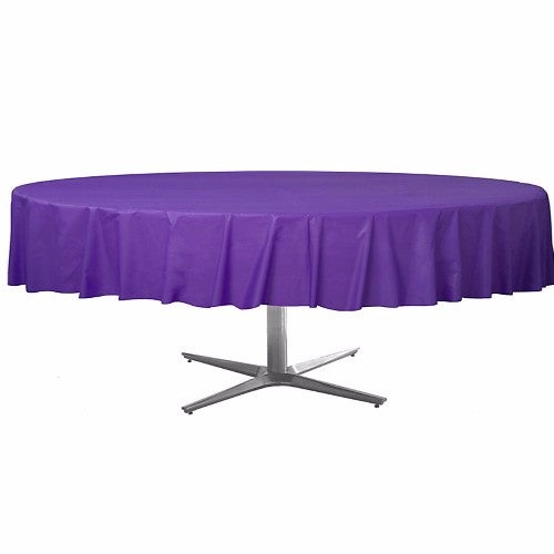 Round purple plastic table cover, 213cm, durable and stylish for events, easy to clean, perfect for any occasion.