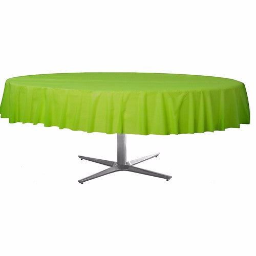Vibrant round kiwi lime green plastic table cover, 213cm, perfect for parties and easy cleanup. Ideal for indoor/outdoor use.