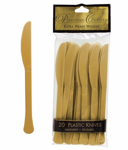 Gold heavy-duty plastic knives in a pack of 20, stylish and robust for effortless dining at events and gatherings.