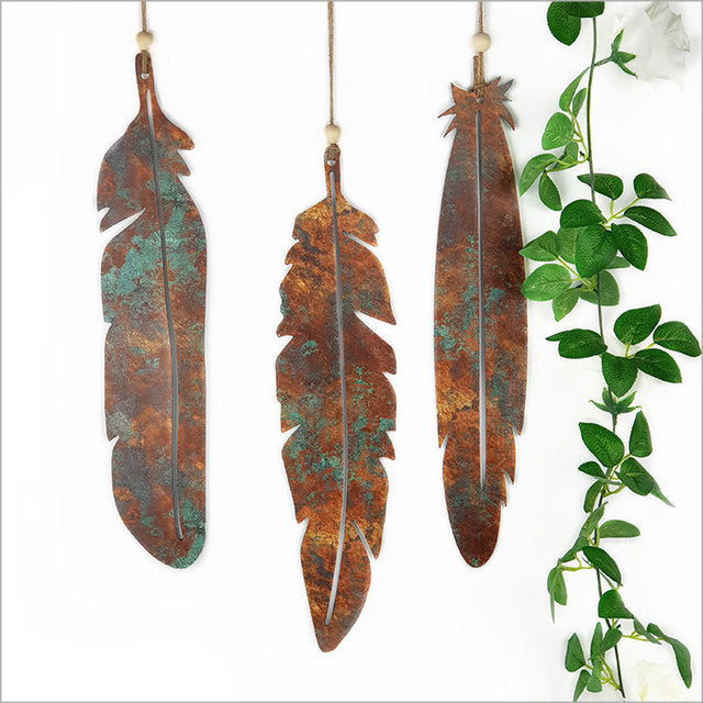 Elegant printed feathers on ACM, featuring a warm copper patina finish, perfect for indoor or outdoor decor.